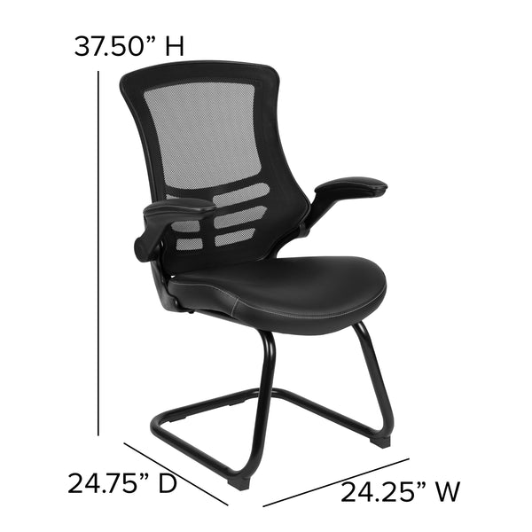 Black LeatherSoft/Mesh |#| Black Mesh Sled Base Side Reception Chair with LeatherSoft Seat and Flip-Up Arms