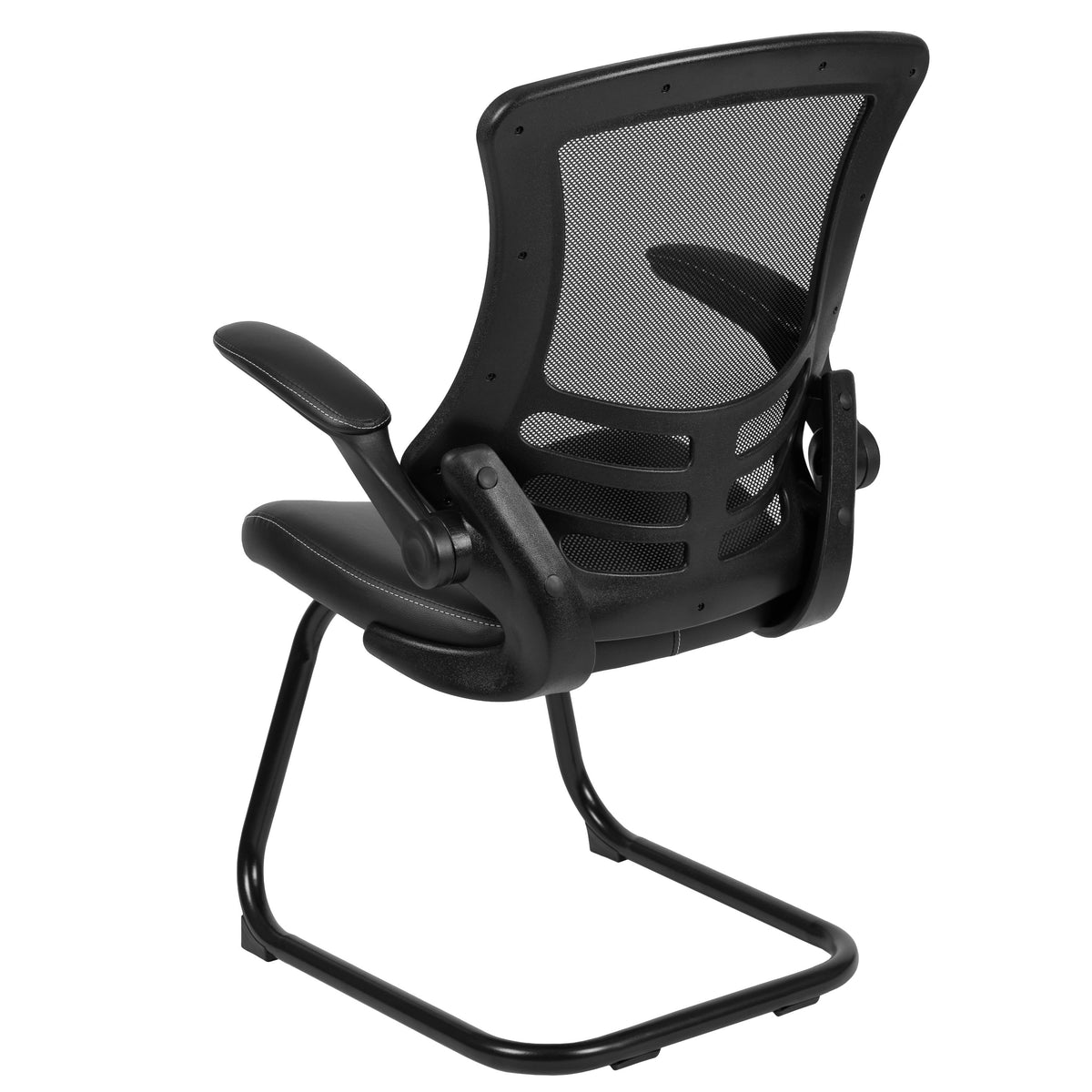 Black LeatherSoft/Mesh |#| Black Mesh Sled Base Side Reception Chair with LeatherSoft Seat and Flip-Up Arms