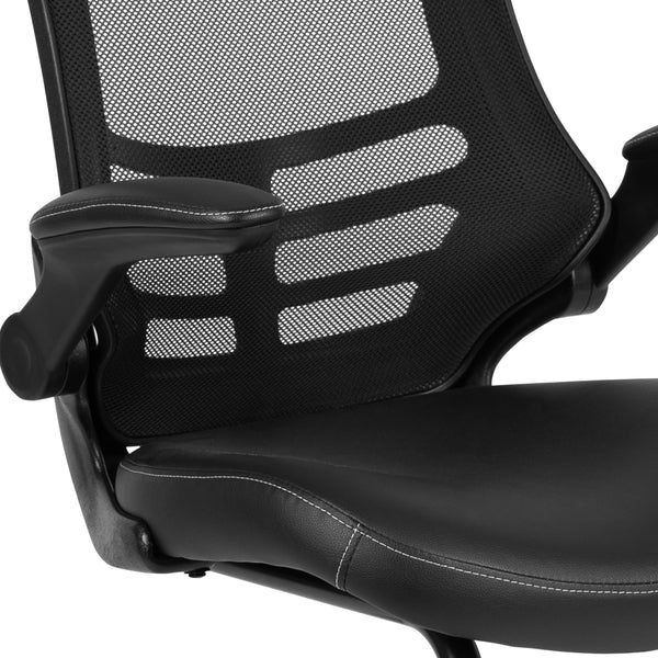 Black LeatherSoft/Mesh |#| Black Mesh Sled Base Side Reception Chair with LeatherSoft Seat and Flip-Up Arms