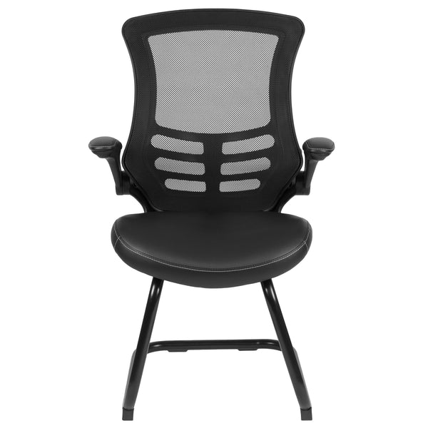 Black LeatherSoft/Mesh |#| Black Mesh Sled Base Side Reception Chair with LeatherSoft Seat and Flip-Up Arms