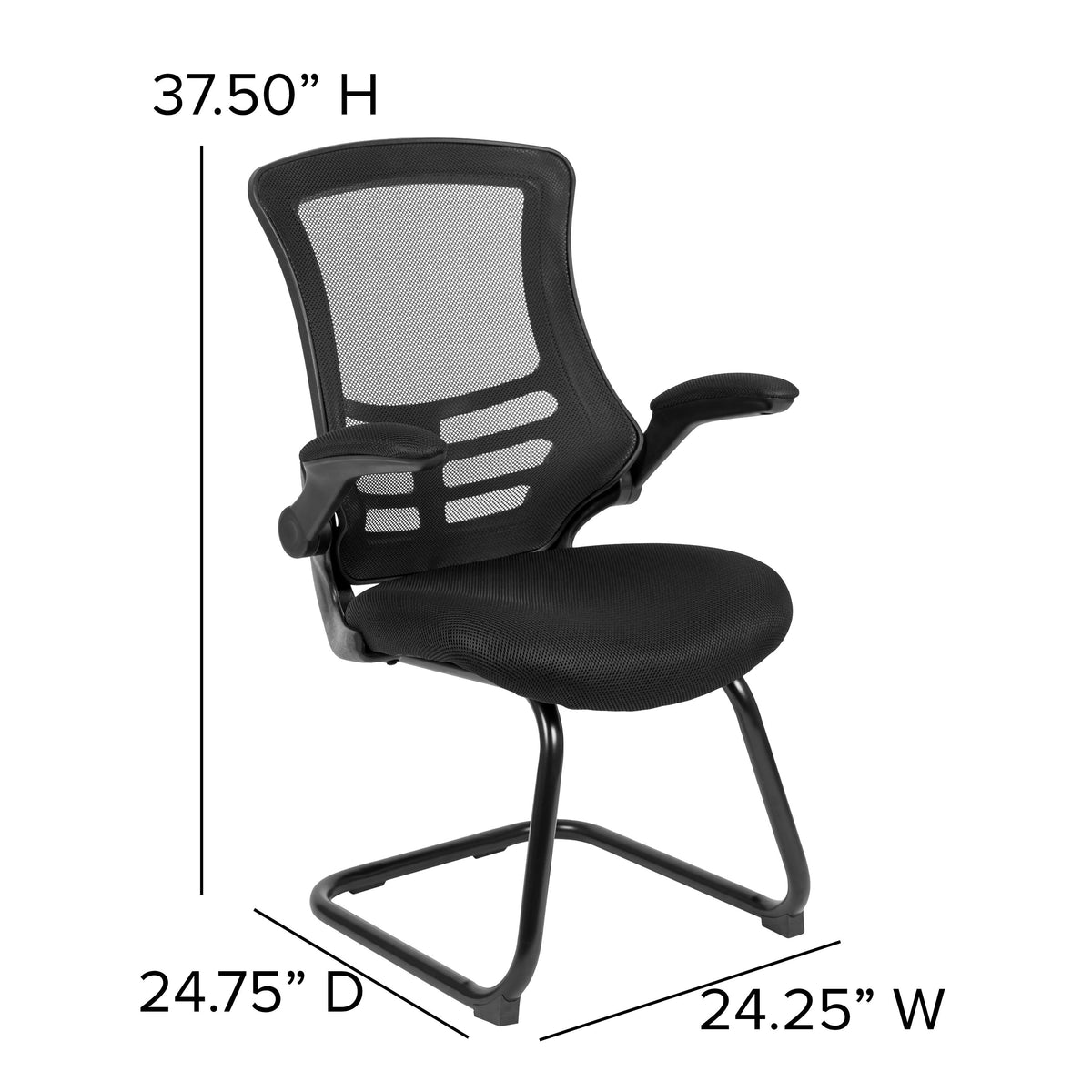 Black Mesh |#| Black Mesh Sled Base Side Reception Chair with Flip-Up Arms-Office Waiting Room