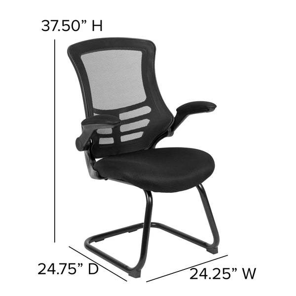 Black Mesh |#| Black Mesh Sled Base Side Reception Chair with Flip-Up Arms-Office Waiting Room