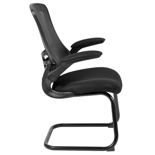 Black Mesh |#| Black Mesh Sled Base Side Reception Chair with Flip-Up Arms-Office Waiting Room