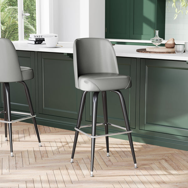 Gray |#| Metal Bar Stool with Swivel Vinyl Bucket Seat and Footrest in Gray