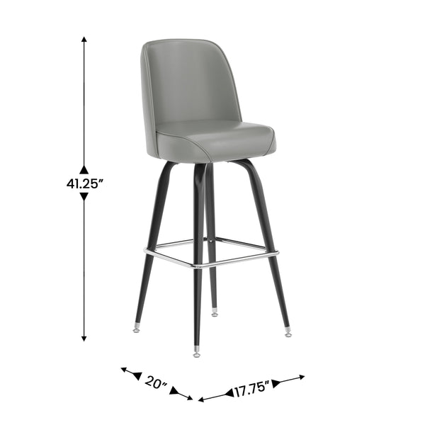 Gray |#| Metal Bar Stool with Swivel Vinyl Bucket Seat and Footrest in Gray