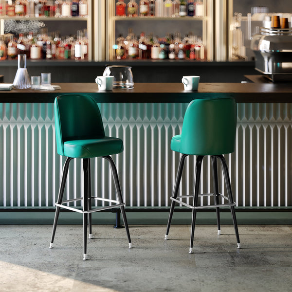Green |#| Metal Bar Stool with Swivel Vinyl Bucket Seat and Footrest in Green
