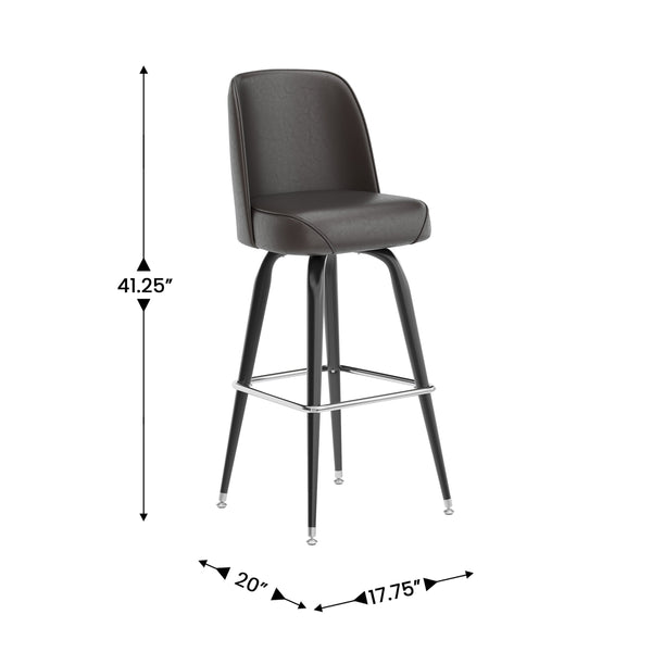 Dark Brown |#| Metal Bar Stool with Swivel Vinyl Bucket Seat and Footrest in Dark Brown