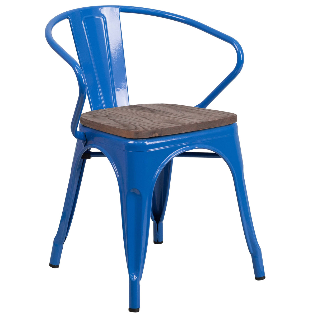 Blue |#| Blue Metal Chair with Wood Seat and Arms - Restaurant Chair - Bistro Chair