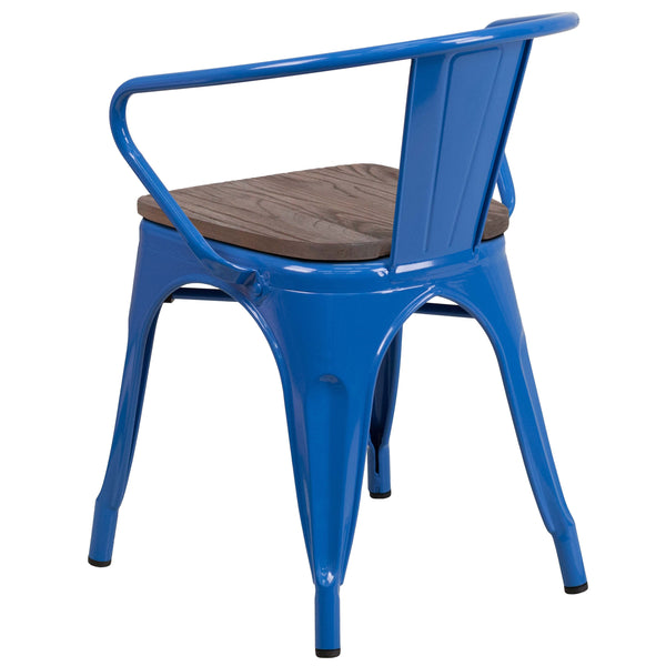 Blue |#| Blue Metal Chair with Wood Seat and Arms - Restaurant Chair - Bistro Chair
