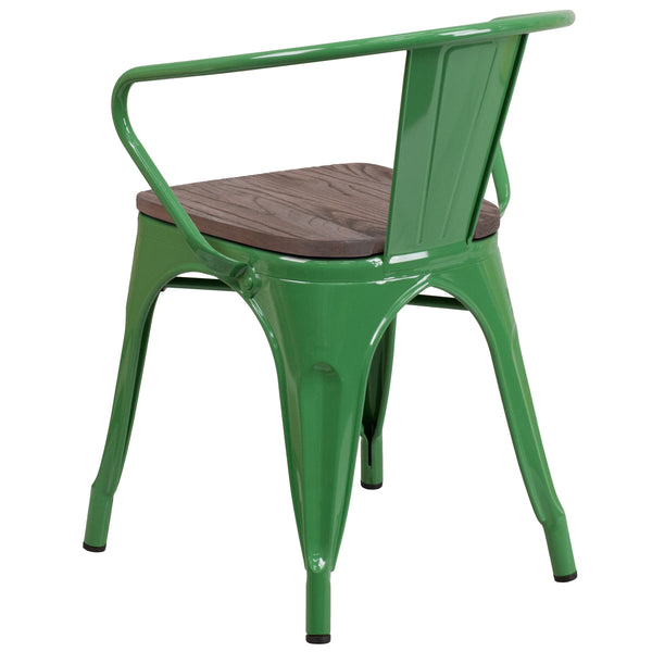 Green |#| Green Metal Chair with Wood Seat and Arms - Restaurant Furniture