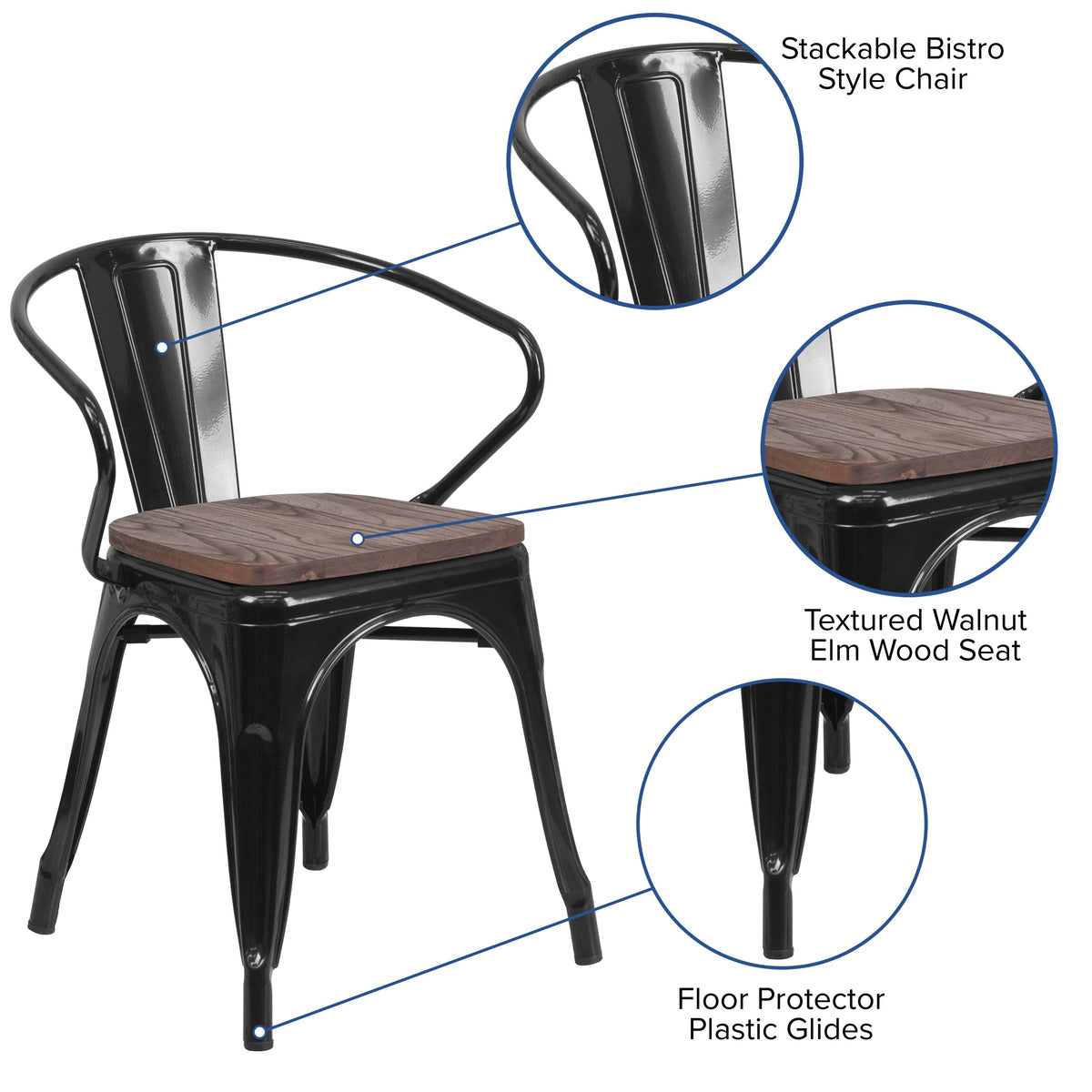 Black |#| Black Metal Chair with Wood Seat and Arms - Restaurant Chair - Bistro Chair