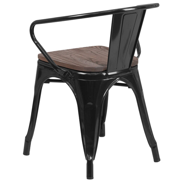Black |#| Black Metal Chair with Wood Seat and Arms - Restaurant Chair - Bistro Chair
