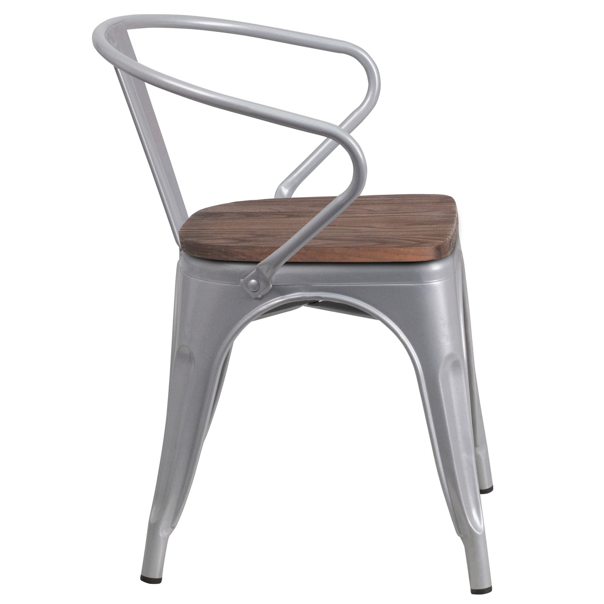 Silver |#| Silver Metal Chair with Wood Seat and Arms - Restaurant Furniture