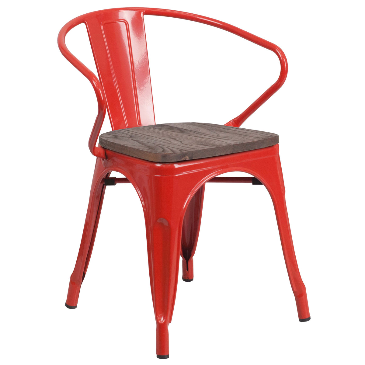 Red |#| Red Metal Chair with Wood Seat and Arms - Restaurant Furniture