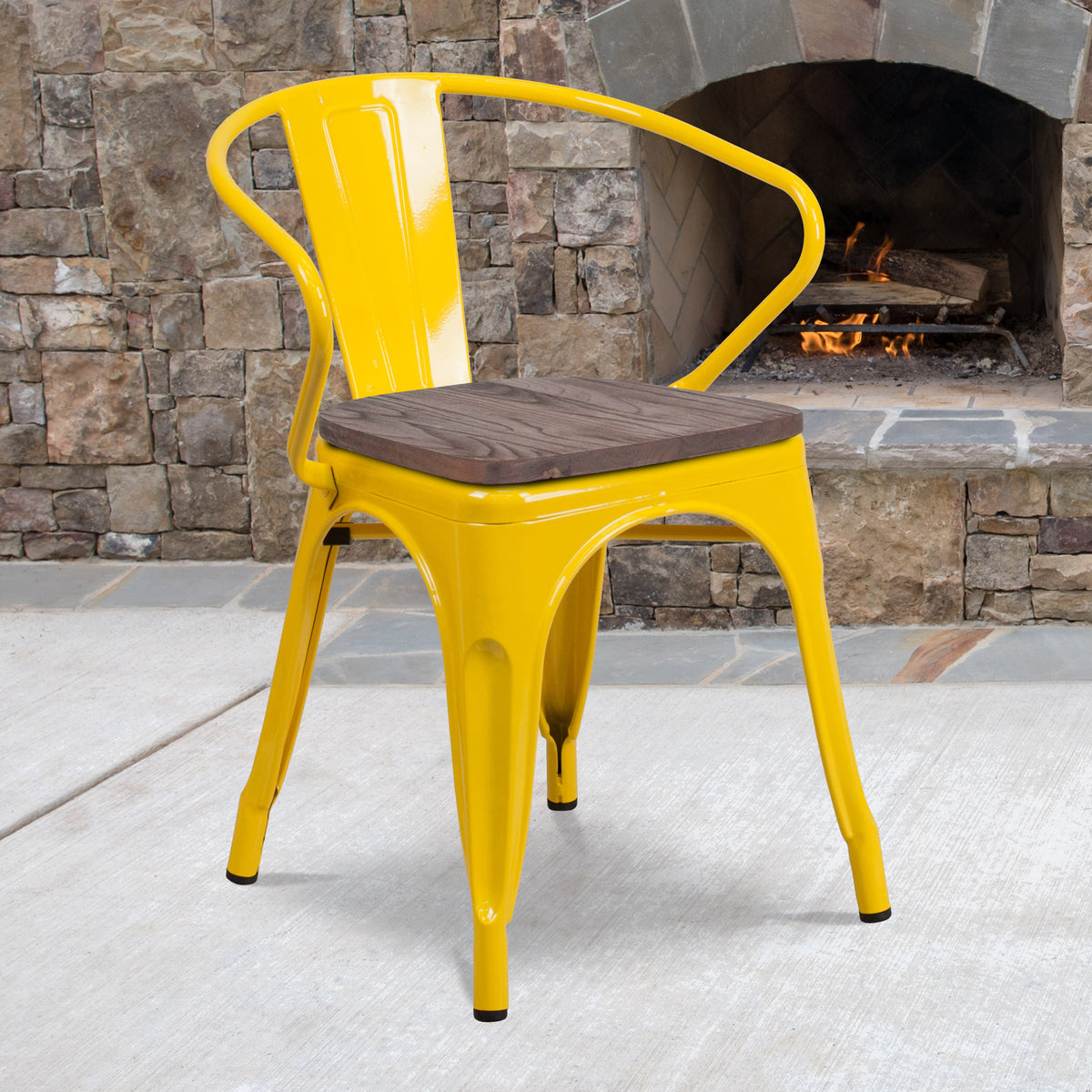 Yellow |#| Yellow Metal Chair with Wood Seat and Arms - Restaurant Furniture