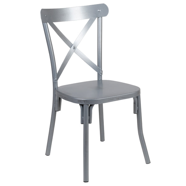 Distressed Silver |#| Metal Cross Back Dining Chair - Distressed Rustic Silver Finish-Multi-Use Chair