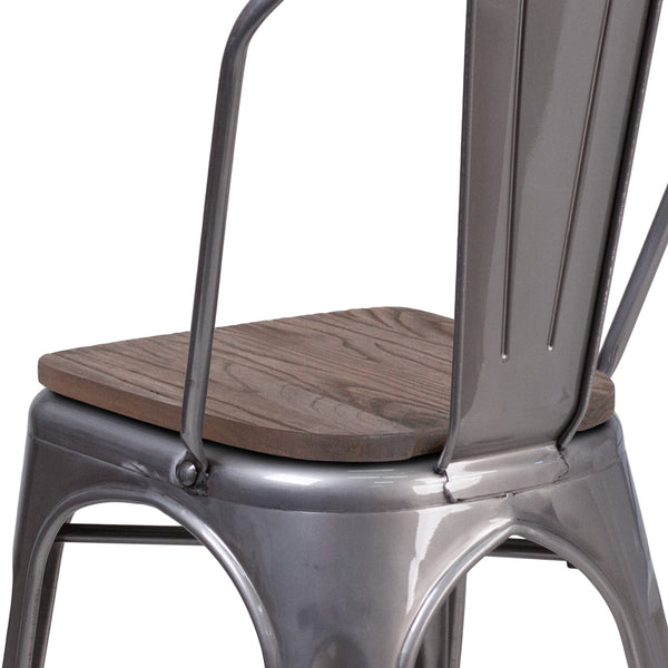 Clear Coated Metal Stackable Chair with Wood Seat