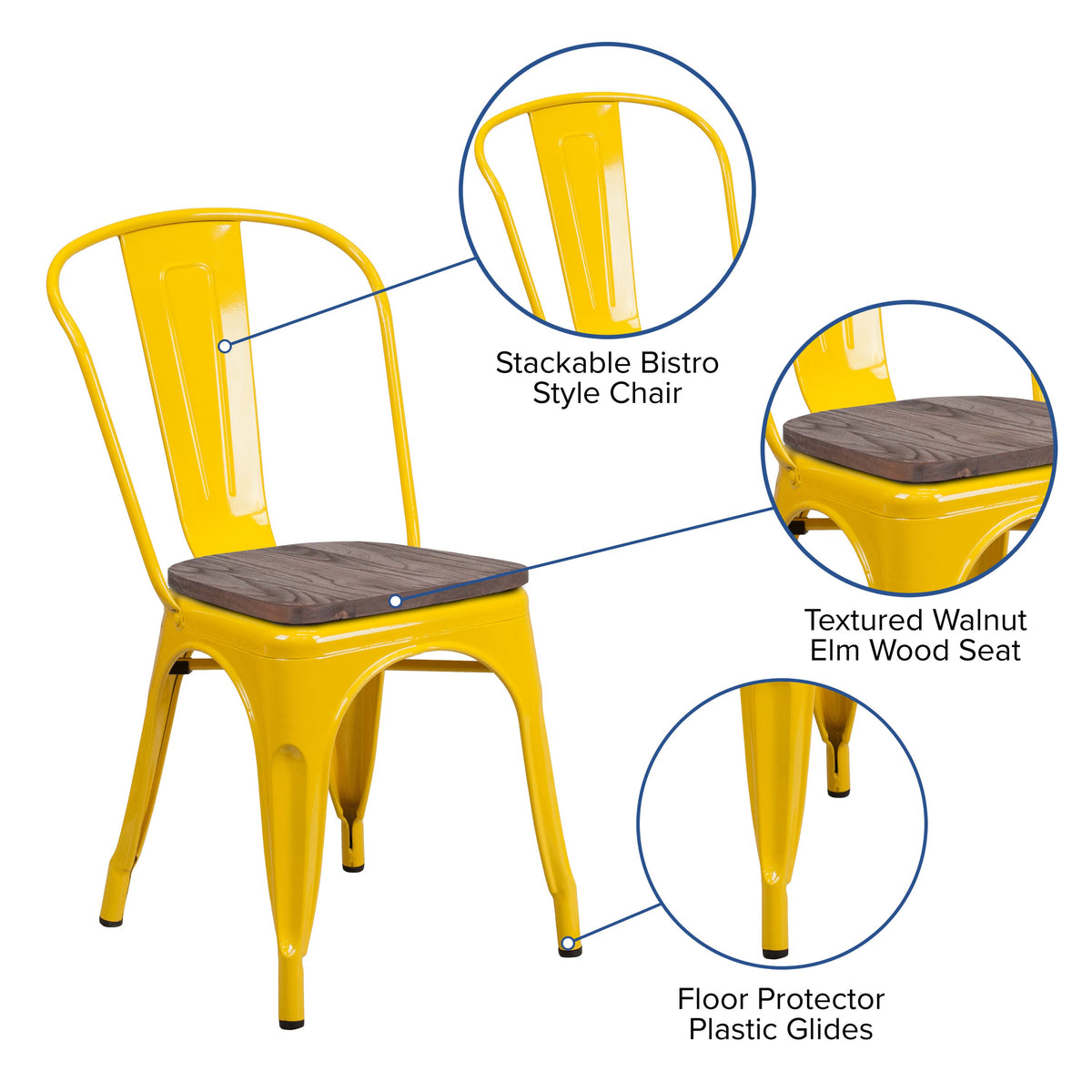 Yellow |#| Yellow Metal Stackable Chair with Wood Seat - Restaurant Chair - Bistro Chair