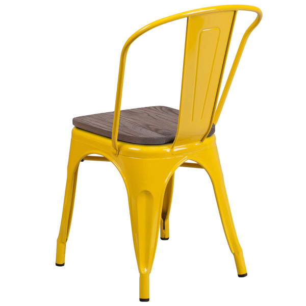 Yellow |#| Yellow Metal Stackable Chair with Wood Seat - Restaurant Chair - Bistro Chair