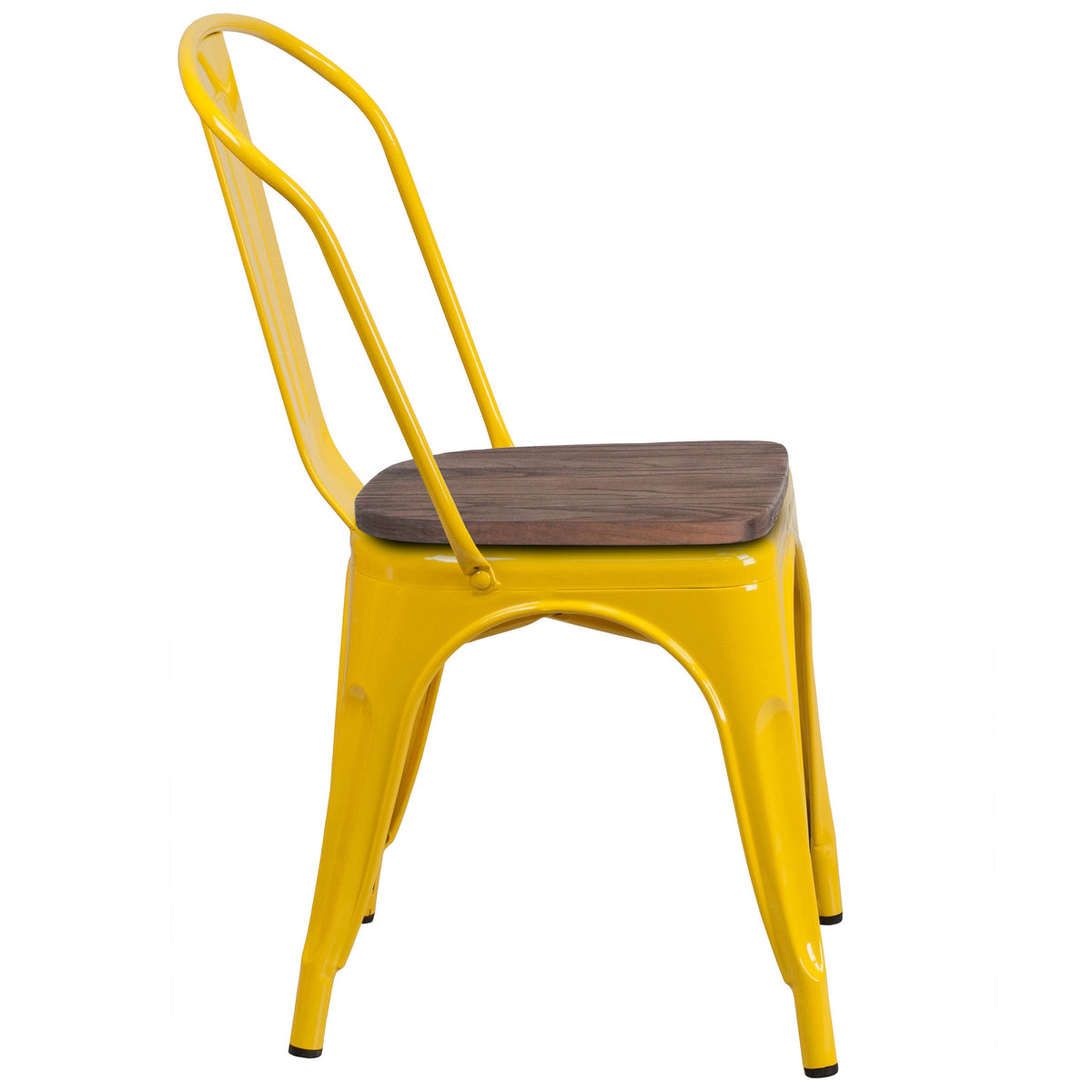 Yellow |#| Yellow Metal Stackable Chair with Wood Seat - Restaurant Chair - Bistro Chair