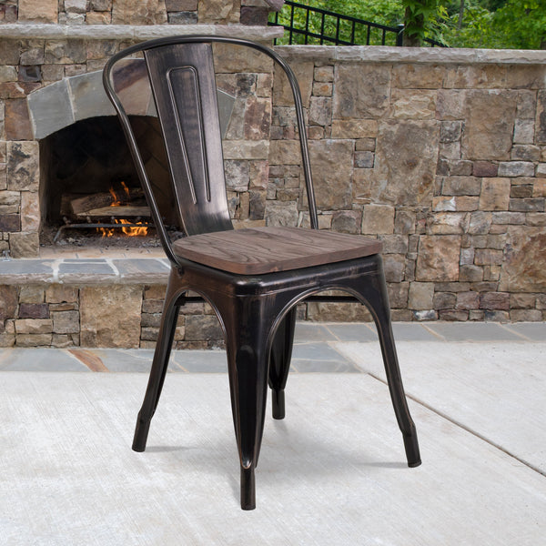 Black-Antique Gold |#| Black-Antique Gold Metal Stackable Chair with Wood Seat - Restaurant Chair