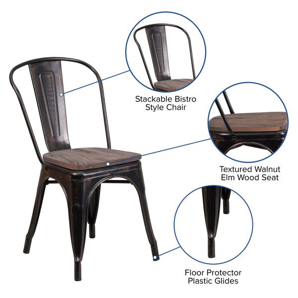 Black-Antique Gold |#| Black-Antique Gold Metal Stackable Chair with Wood Seat - Restaurant Chair