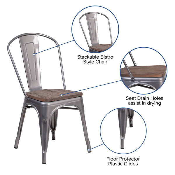 Clear Coated Metal Stackable Chair with Wood Seat