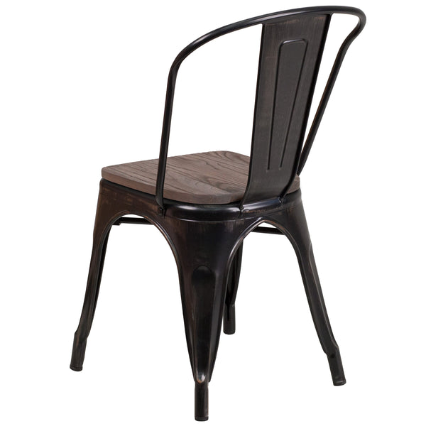 Black-Antique Gold |#| Black-Antique Gold Metal Stackable Chair with Wood Seat - Restaurant Chair