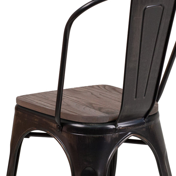 Black-Antique Gold |#| Black-Antique Gold Metal Stackable Chair with Wood Seat - Restaurant Chair