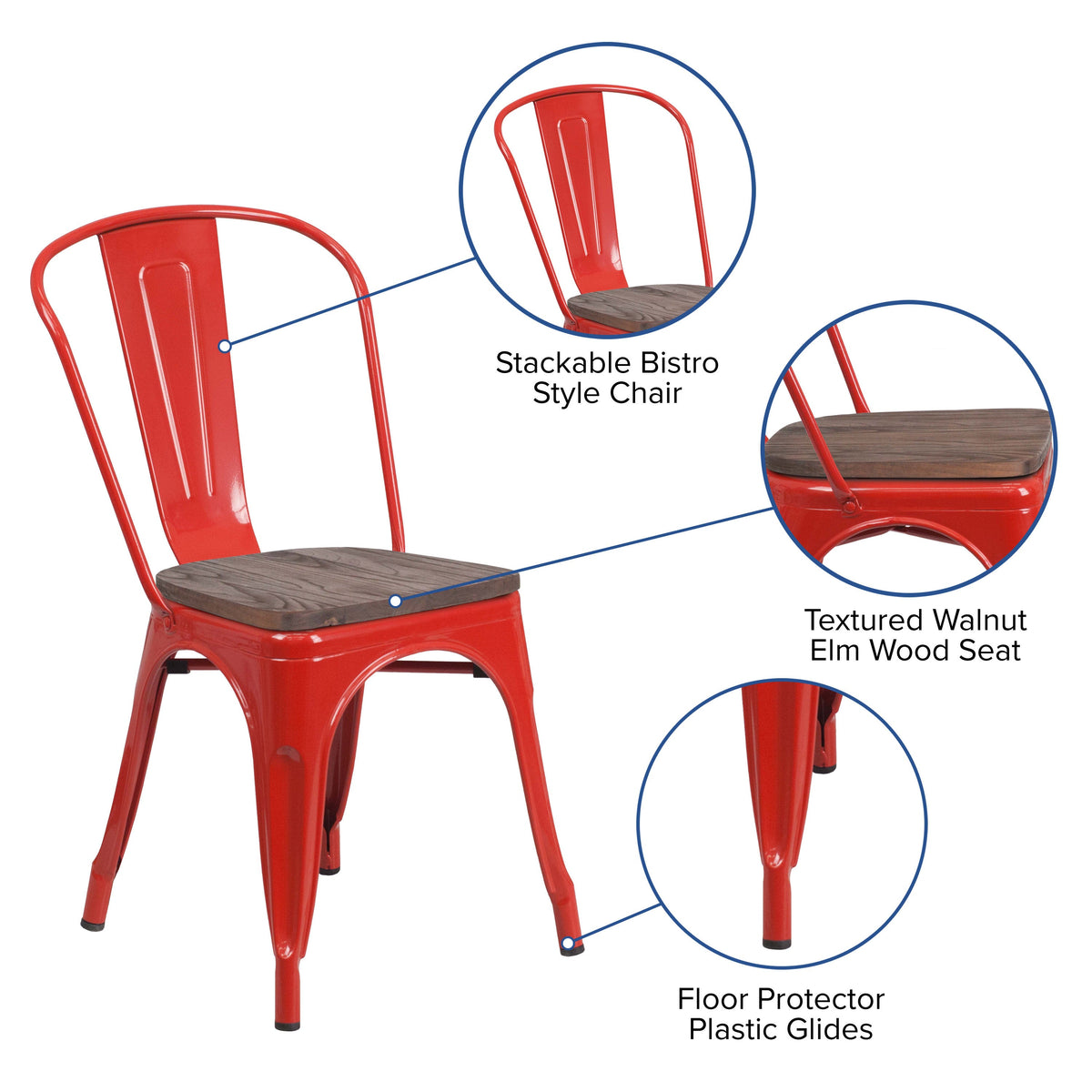 Red |#| Red Metal Stackable Chair with Wood Seat - Restaurant Chair - Bistro Chair