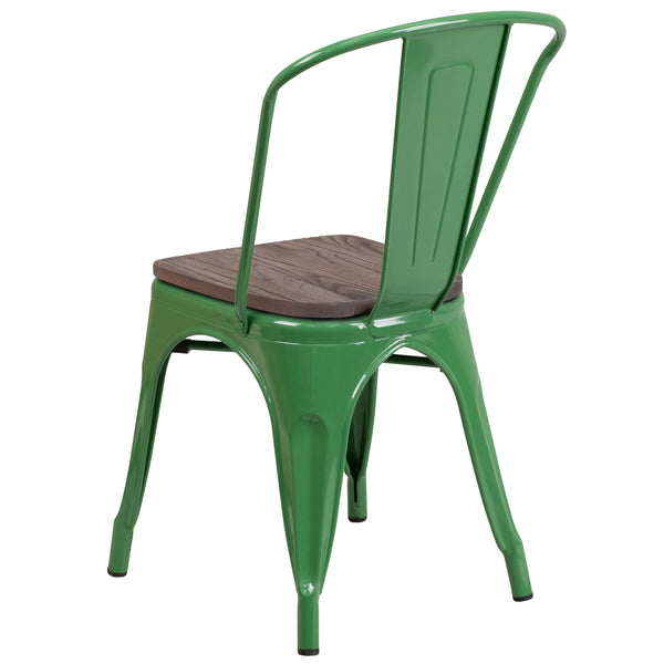 Green |#| Green Metal Stackable Chair with Wood Seat - Restaurant Chair - Bistro Chair