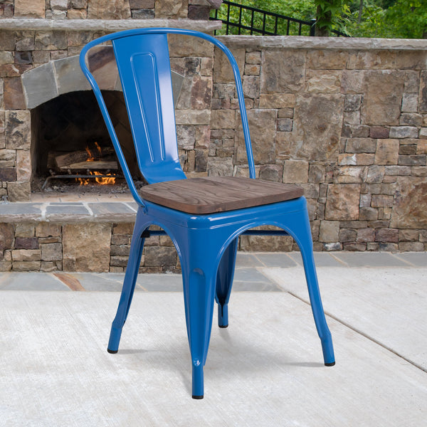 Blue |#| Blue Metal Stackable Chair with Wood Seat - Restaurant Chair - Bistro Chair