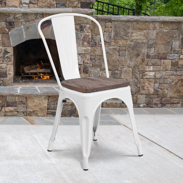 White |#| White Metal Stackable Chair with Wood Seat - Restaurant Chair - Bistro Chair