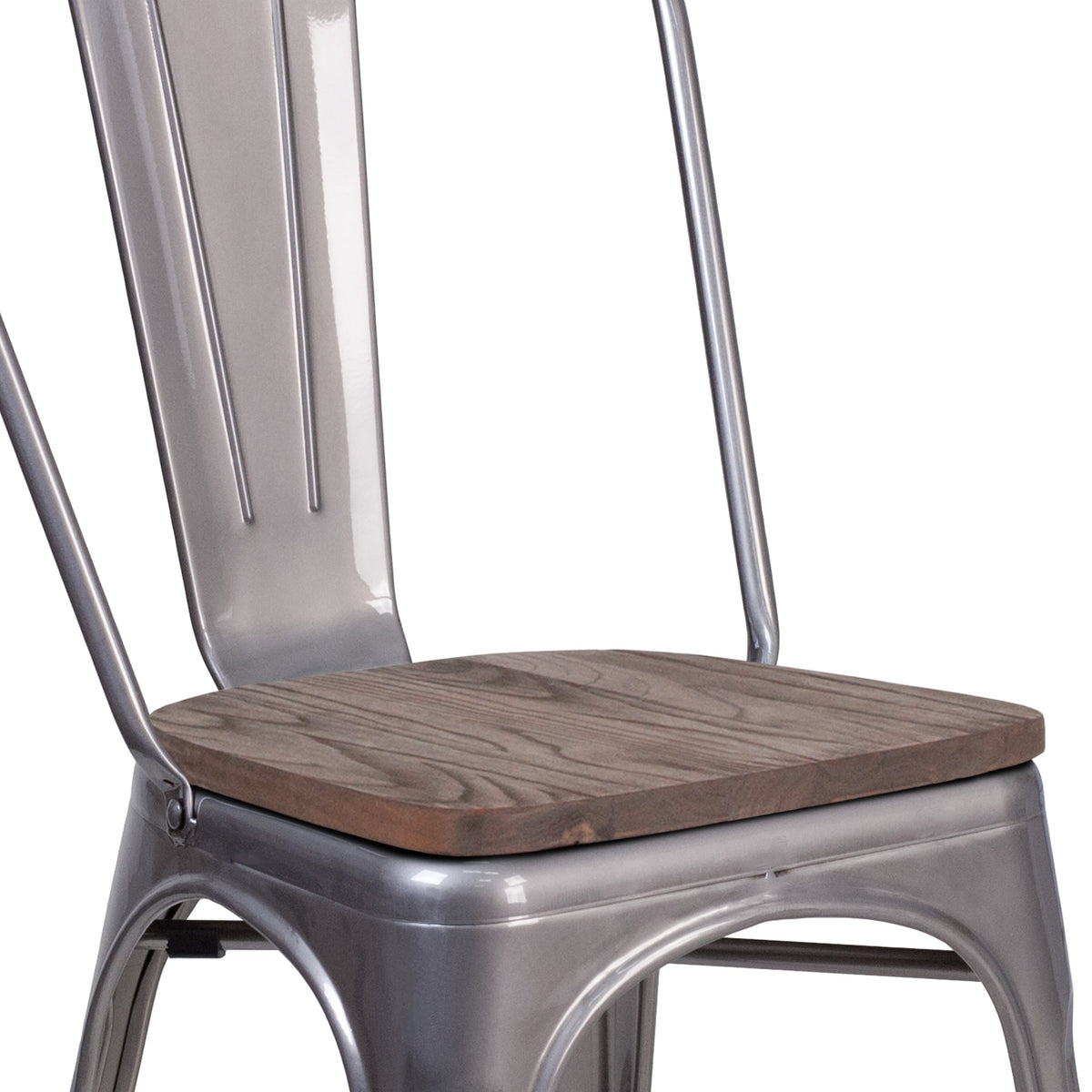 Clear Coated Metal Stackable Chair with Wood Seat