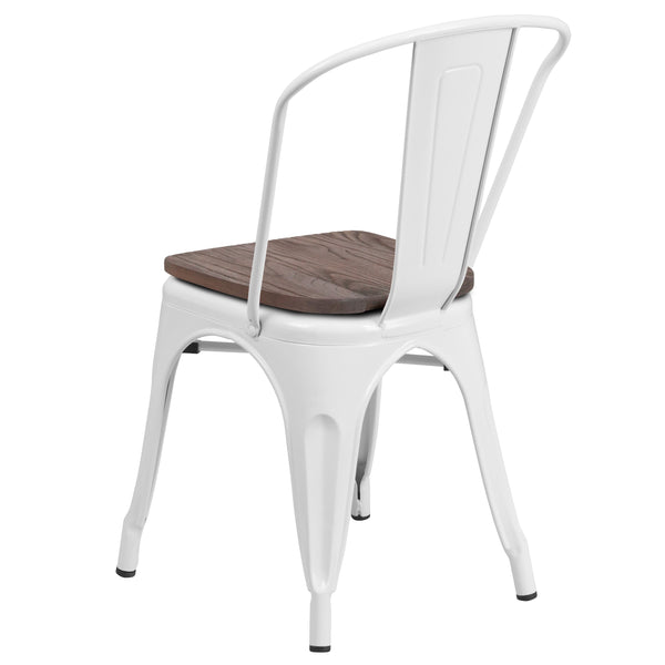 White |#| White Metal Stackable Chair with Wood Seat - Restaurant Chair - Bistro Chair