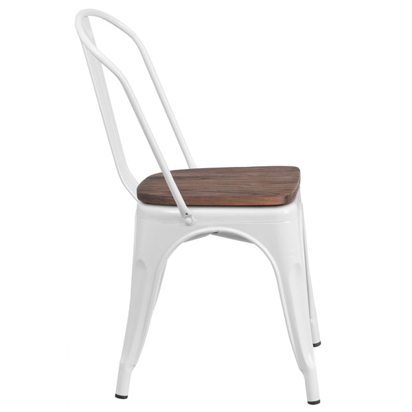 White |#| White Metal Stackable Chair with Wood Seat - Restaurant Chair - Bistro Chair