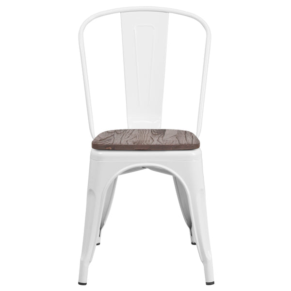 White |#| White Metal Stackable Chair with Wood Seat - Restaurant Chair - Bistro Chair