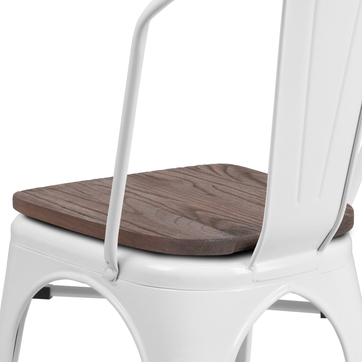 White |#| White Metal Stackable Chair with Wood Seat - Restaurant Chair - Bistro Chair