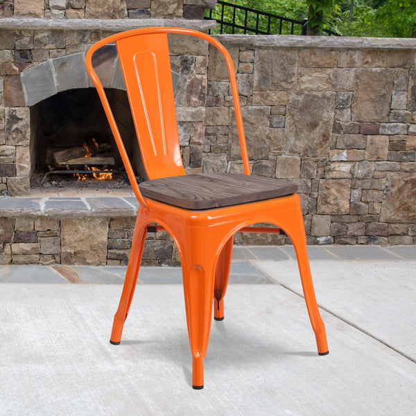 Orange |#| Orange Metal Stackable Chair with Wood Seat - Restaurant Chair - Bistro Chair