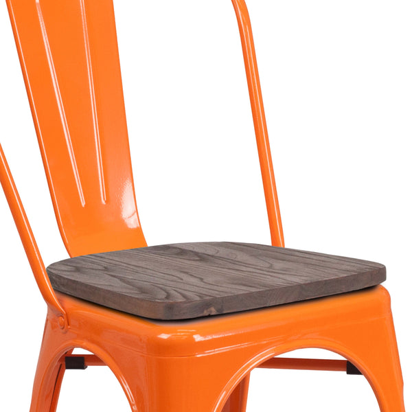 Orange |#| Orange Metal Stackable Chair with Wood Seat - Restaurant Chair - Bistro Chair