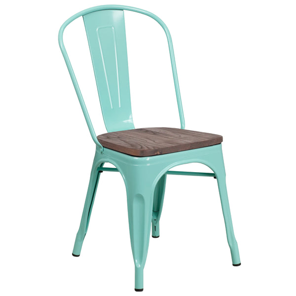 Mint Green |#| Mint Green Metal Stackable Chair with Wood Seat - Kitchen Furniture - Café Chair