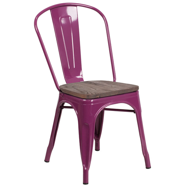 Purple |#| Purple Metal Stackable Chair with Wood Seat - Kitchen Furniture - Café Chair