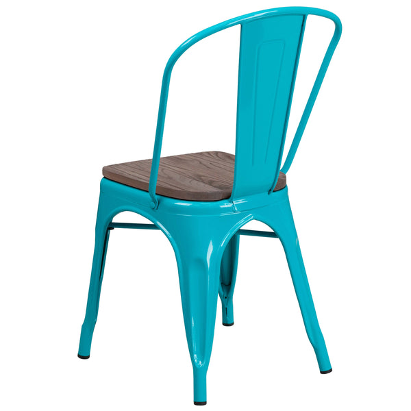 Crystal Teal-Blue |#| Crystal Teal-Blue Metal Stackable Chair with Wood Seat - Kitchen Furniture
