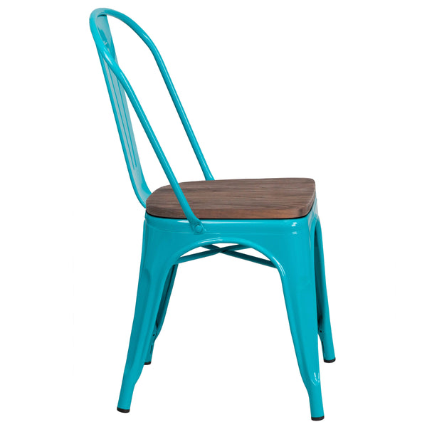 Crystal Teal-Blue |#| Crystal Teal-Blue Metal Stackable Chair with Wood Seat - Kitchen Furniture