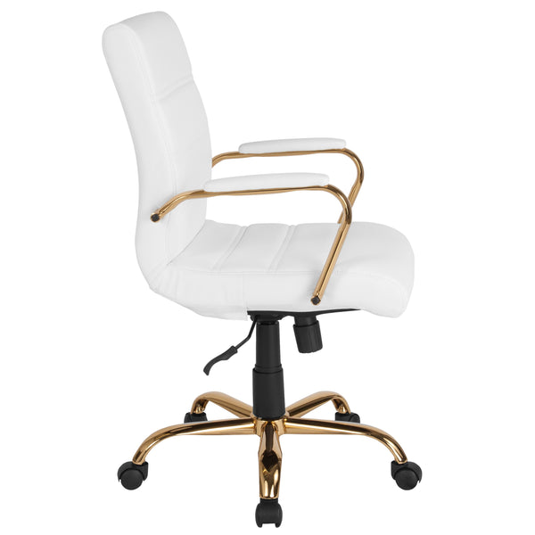 White LeatherSoft/Gold Frame |#| Mid-Back White LeatherSoft Executive Swivel Office Chair with Gold Frame/Arms