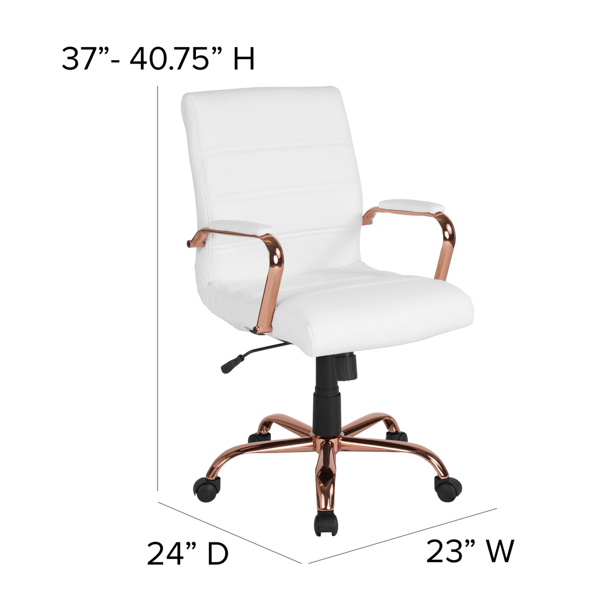 White LeatherSoft/Rose Gold Frame |#| Mid-Back White LeatherSoft Executive Swivel Office Chair - Rose Gold Frame/Arms