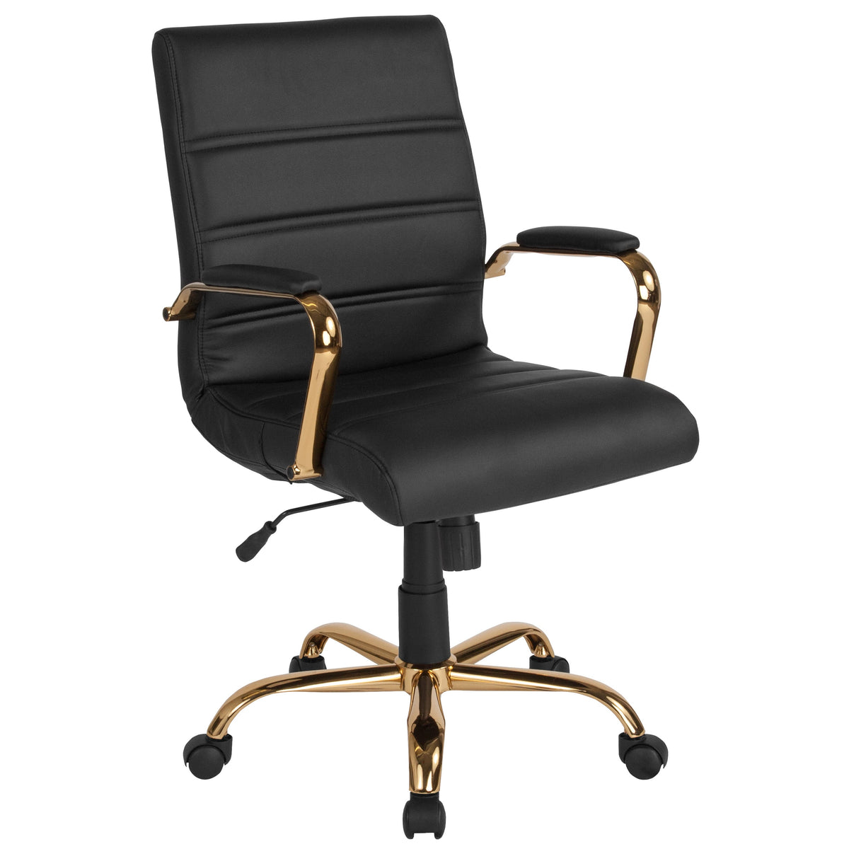 Black LeatherSoft/Gold Frame |#| Mid-Back Black LeatherSoft Executive Swivel Office Chair with Gold Frame/Arms