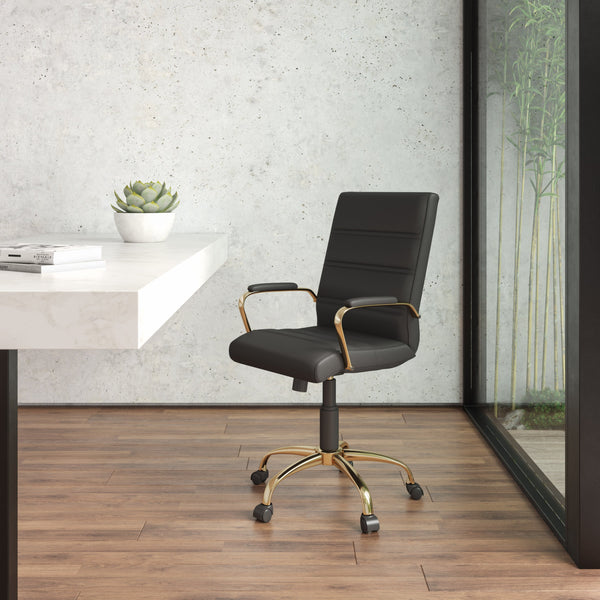 Black LeatherSoft/Gold Frame |#| Mid-Back Black LeatherSoft Executive Swivel Office Chair with Gold Frame/Arms