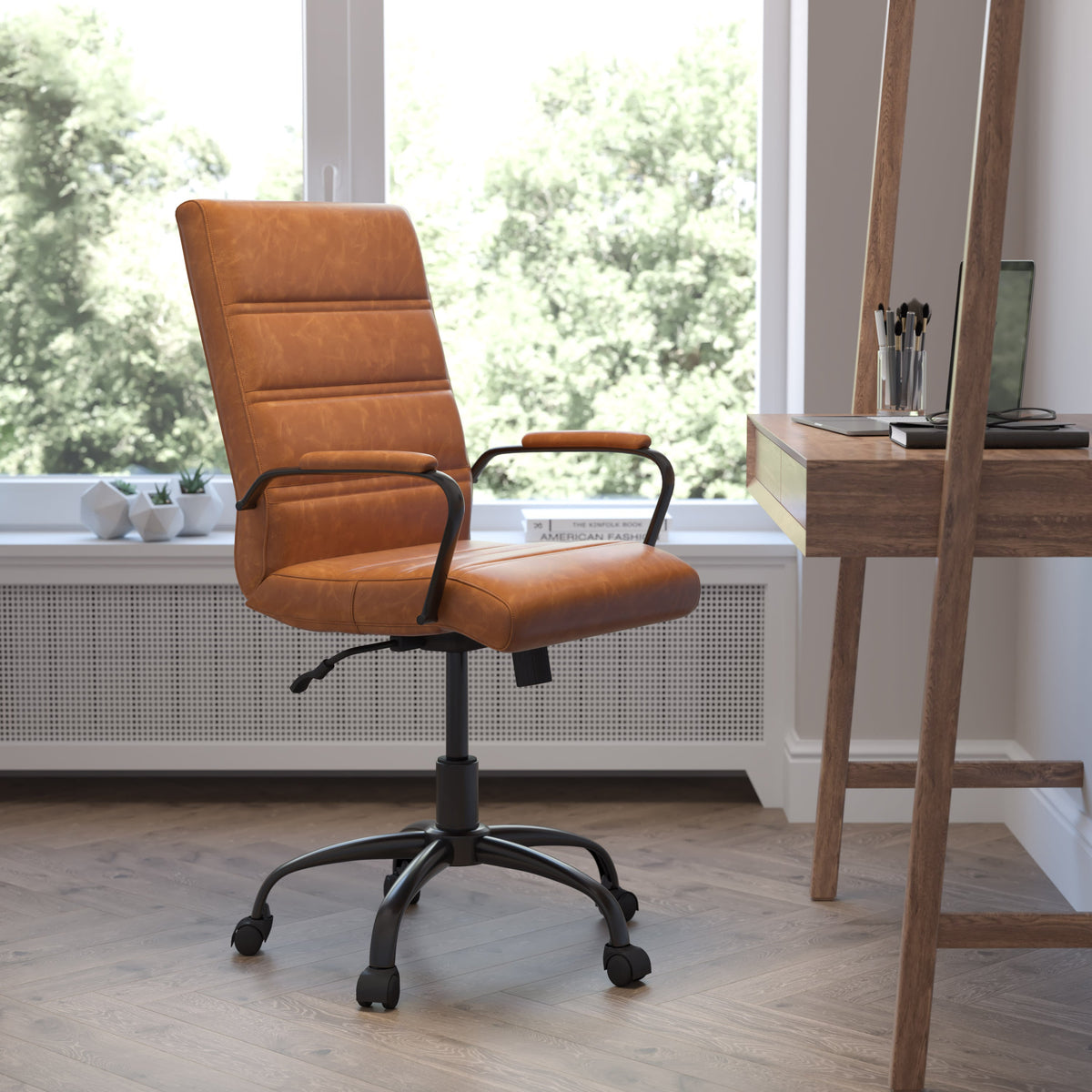 Brown LeatherSoft/Black Frame |#| Mid-Back Brown LeatherSoft Executive Swivel Office Chair with Black Frame/Arms