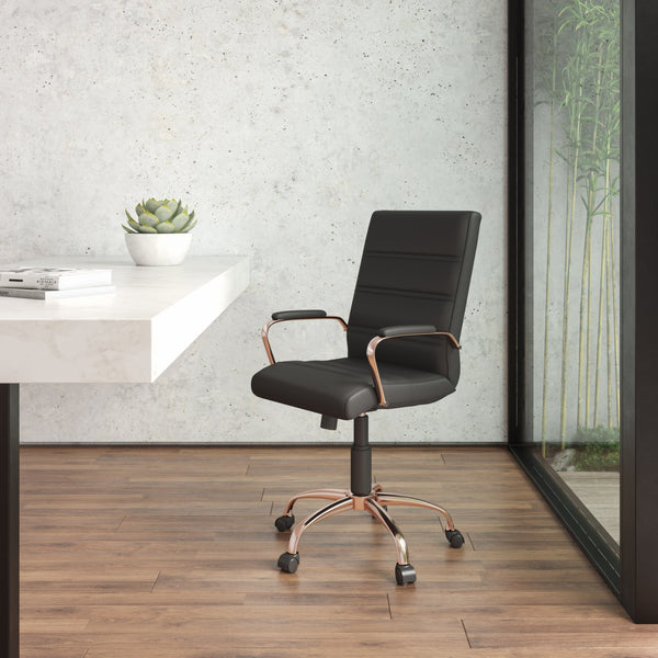 Black LeatherSoft/Rose Gold Frame |#| Mid-Back Black LeatherSoft Executive Swivel Office Chair - Rose Gold Frame/Arms